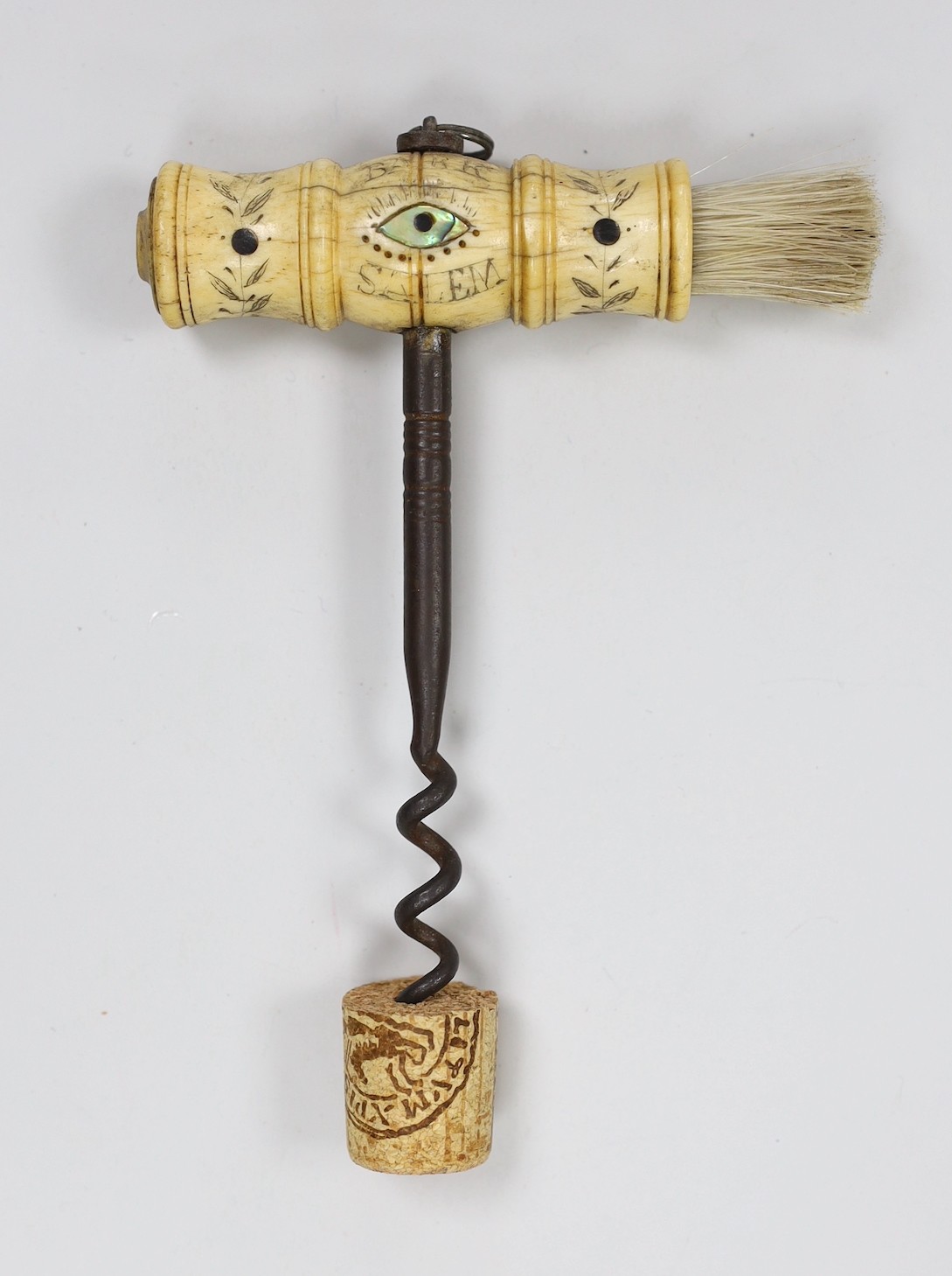 A 19th century carved bone handled cork screw, dated 1842